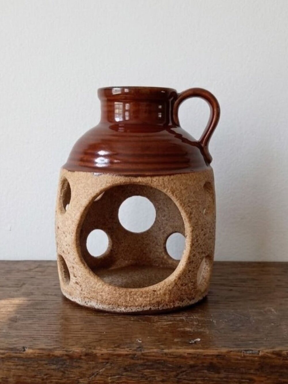 Vintage Royal Haeger USA Pottery Jug Vase Brown Glazed Crockery Cutout Pattern